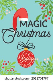Christmas and Happy New Year templates. Trendy retro style. Inscription Magical Christmas design template. Christmas tree toy, ball