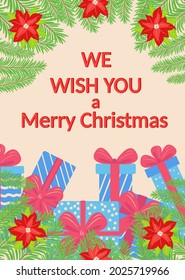 Christmas and Happy New Year templates. Trendy retro style. Lettering We Wish You a Merry Christmas