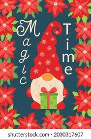 Christmas and Happy New Year templates. Trendy retro style. Inscription Magic time, christmas gnome design template.
