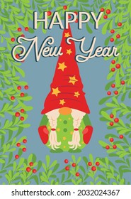 Christmas and Happy New Year templates. Trendy retro design template. Happy New Year lettering, christmas gnome