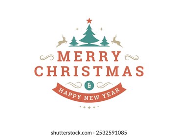 Christmas and Happy New Year text with a Christmas tree and horse graphic, perfect for festive greeting cards, banners, and seasonal designs, adding charm and holiday spirit to any project.