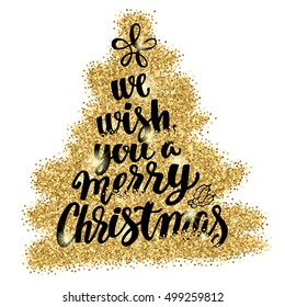 Christmas and Happy New Year trees word cloud, holidays hand lettering collage. Decorative illustration with golden glitter texture. Vector elements for your design on white background.