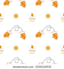 Christmas and Happy New Year trend background. Seamless bright pattern with сhristmas toys, mittens and a candle. Texture for print textile, fabric, packaging Perfect for holiday cards, wrapping paper