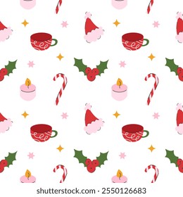 Christmas and Happy New Year trend background. Seamless pink pattern with gift, candy, candle and сhristmas hat. Texture for print textile, fabric, packaging. Perfect for holiday cards, wrapping paper