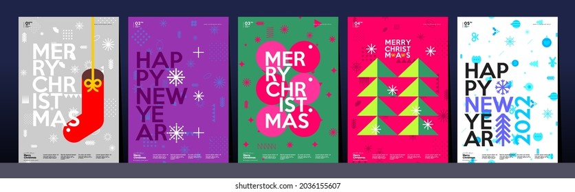 Christmas and Happy New Year. Trendy Style. Simple backgrounds. Set of vector illustrations. Geometric patterns and elements.  