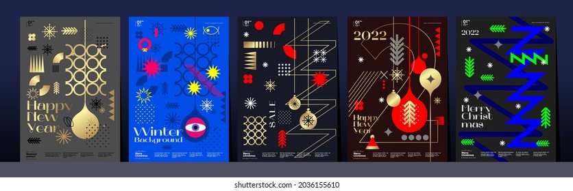 Christmas and Happy New Year. Trendy Style. Simple backgrounds. Set of vector illustrations. Geometric patterns and elements.  