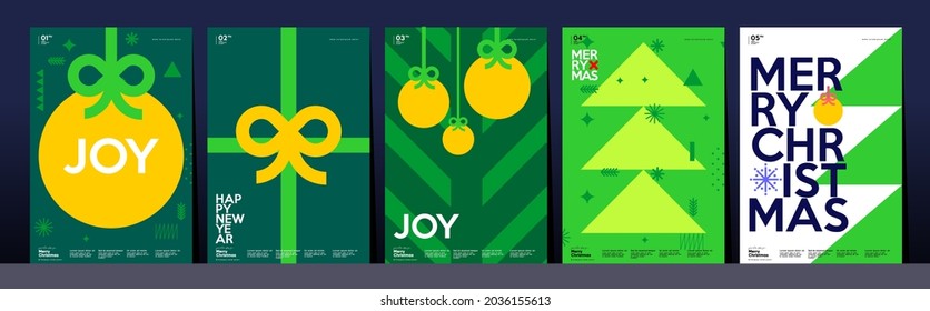 Christmas and Happy New Year. Trendy Style. Simple backgrounds. Set of vector illustrations. Geometric patterns and elements.  