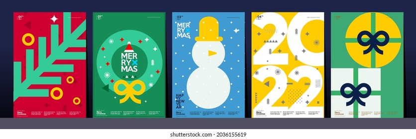 Christmas And Happy New Year. Trendy Style. Simple Backgrounds. Set Of Vector Illustrations. Geometric Patterns And Elements.  