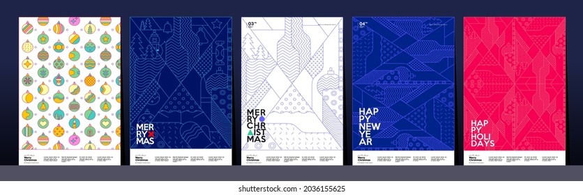 Christmas and Happy New Year. Trendy Style. Simple backgrounds. Set of vector illustrations. Geometric patterns and elements.  