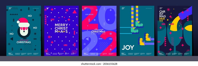 Christmas and Happy New Year. Trendy Style. Simple backgrounds. Set of vector illustrations. Geometric patterns and elements.  