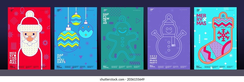 Christmas and Happy New Year. Trendy Style. Simple backgrounds. Set of vector illustrations. Geometric patterns and elements.  