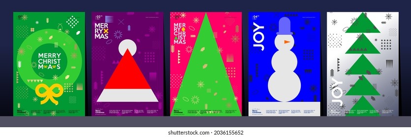 Christmas and Happy New Year. Trendy Style. Simple backgrounds. Set of vector illustrations. Geometric patterns and elements.  