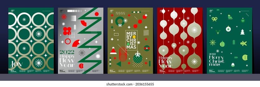 Christmas and Happy New Year. Trendy Style. Simple backgrounds. Set of vector illustrations. Geometric patterns and elements. 