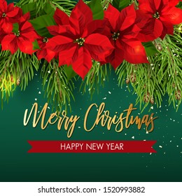 Christmas and Happy New Year Typographical Banner template With Fir tree christmas flower coniferous Elements. Design template on green background