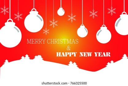 Christmas And Happy New Year Typographical On Shiny Background With Winter Landscape With Snowflakes, Light. Merry Christmas Card. Design Concept For Placards, Banners,Wallpaper. Vector Illustration.