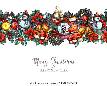 Christmas and happy New Year vector seamless pattern in the form of border made with festive and holiday hand drawn icons. Greeting colorful card with sketch illustration