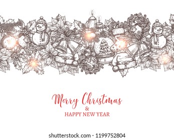Christmas and happy New Year vector seamless pattern in the form of border made with festive and holiday hand drawn icons. Greeting card with sketch illustration