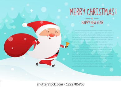 Christmas and Happy New Year vector illustration. Cute Santa Claus and Christmas tree.