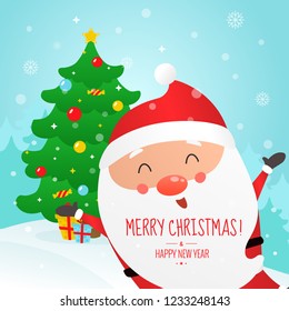 Christmas and Happy New Year vector illustration. Cute Santa Claus and Christmas tree.