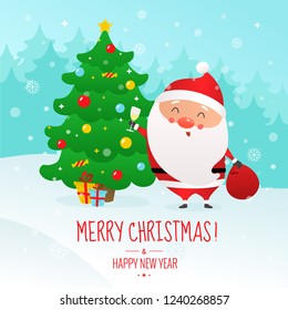 Christmas and Happy New Year vector illustration. Cute Santa Claus and Christmas tree.