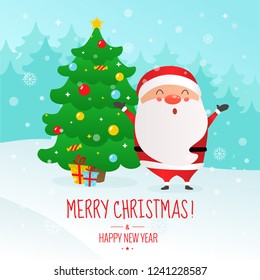 Ilustración vectorial de Navidad y Año Nuevo Feliz. Un Santa Claus y un árbol de Navidad.