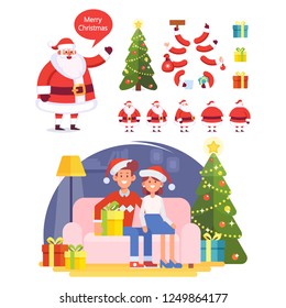Christmas and happy new year vector set. Happy family together. Happy santa creation set. Celebrating Christmas. Cartoon style, Flat Vector illustration isolated on white.