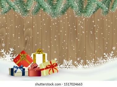 Christmas and happy new year vector background with snowflake on wooden, celebration concept