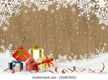 Christmas and happy new year vector background with snowflake on wooden with gift, celebration concept