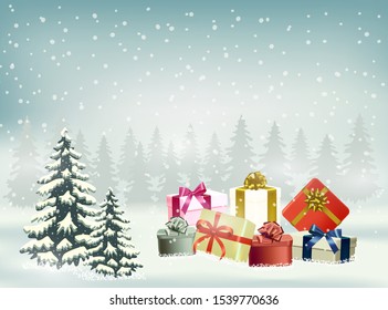 Christmas and happy new year vector background with snowflake and gifts in the winter season