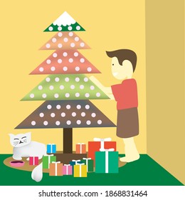 Christmas and Happy New Year! Vector  kids and cat with christmas tree, illustrations for holiday graphic design