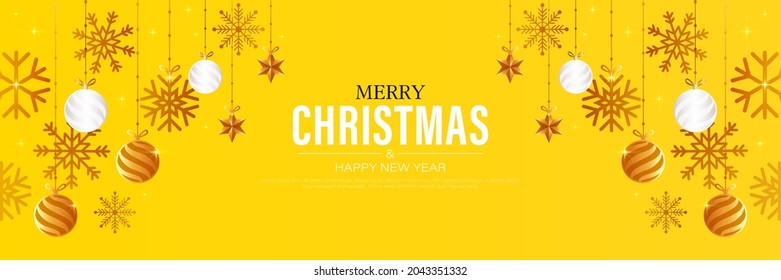 Christmas and Happy new year vector background. Bright yellow horizontal banner creative design with snowflake decoration, stars, gold balls hanging on ribbon. Suit for poster, flyer, cover, card