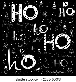 Christmas and happy New Year vector pattern with ho ho ho text on red background. Black and white
