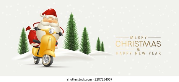 Christmas and happy new year vector card, background. Noel baba in decorative design. Trees and holiday elements