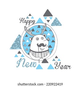Christmas and Happy New Year. Vector illustration. Greeting card with happy cute deer with mustache