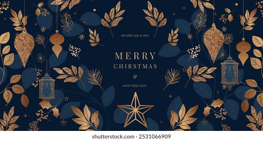 Christmas and Happy New Year. Vector illustrations for background, greeting card, Happy Holidays, season's greeting