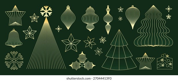 Christmas and Happy New Year vector mid century line art illustration set with festive elements in deep green and gold tones — elegant design for greeting cards