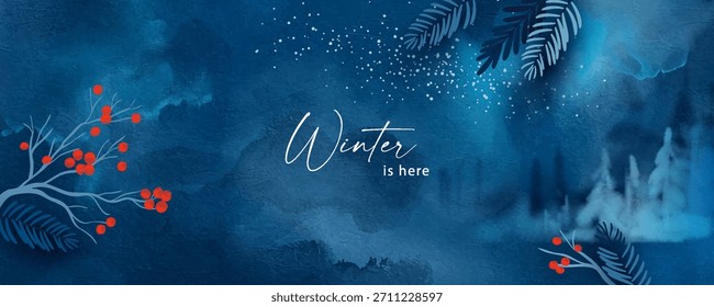 Christmas and Happy New Year vector illustration with distant forest and natural winter design elements. Silhouettes of trees, branches and berries on abstract watercolor background