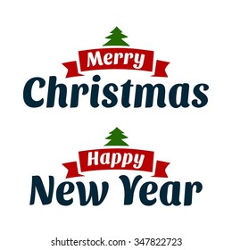Christmas and Happy New Year. Vector vintage illustration for greeting card, poster, flayer, web, banner. White background.