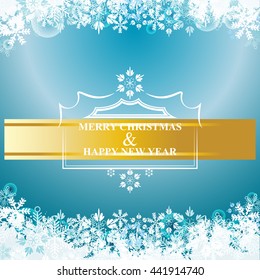 A christmas and happy new year vector card with snowflake and gold label on blue gradient background