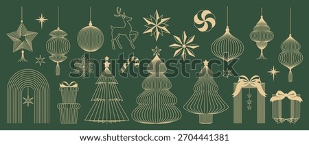 Christmas and Happy New Year vector mid century line art illustration set with festive elements in forest green and gold tones — elegant design for greeting cards