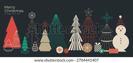Christmas and Happy New Year vector mid century line art illustration set with festive elements in charcoal grey with red and mint tones — elegant design for greeting cards