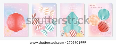 Christmas and Happy New Year vector illustration with soft gradient colors, festive ornaments, trees and holiday elements — elegant design for cards, posters and prints.