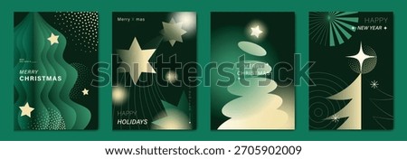 Christmas and Happy New Year vector illustration with soft gradient colors, festive ornaments, trees and holiday elements — elegant design for cards, posters and prints.