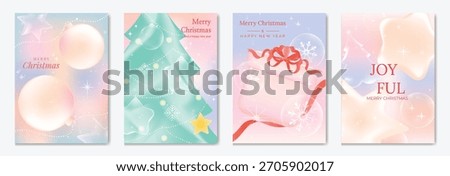 Christmas and Happy New Year vector illustration with soft gradient colors, festive ornaments, trees and holiday elements — elegant design for cards, posters and prints.