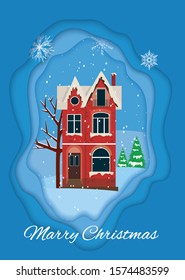 Christmas and Happy New Year. Village landscapes. Template for Christmas card in flat design in vector. Xmas poster with red brick christmas houses, snow covered little village