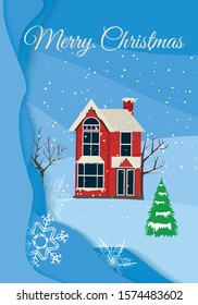 Christmas and Happy New Year. Village landscapes. Template for Christmas card in flat design in vector. Xmas poster with red brick christmas houses, snow covered little village