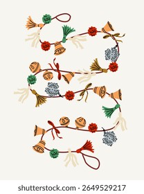 Christmas and Happy New Year vintage garland for cards and other use. Trendy retro style. Holiday seasonal vector designs. Perfect for quirky holiday, Christmas invitation,greeting card