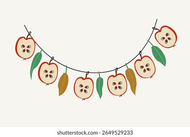 Christmas and Happy New Year vintage garland of apples for cards and other use. Trendy retro style. Holiday seasonal vector designs. Perfect for quirky holiday, Christmas invitation,greeting card