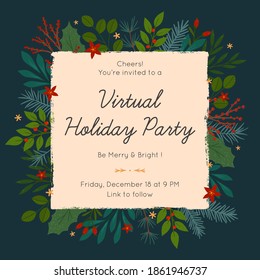 Christmas And Happy New Year Virtual Party Invitation Template During Covid 19.Modern Vector Layout With Traditional Winter Holiday Symbols.Xmas Trendy Design For Banners,prints,social Media.