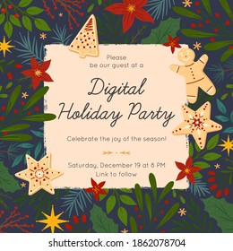 Christmas And Happy New Year Virtual Party Invitation Template During Covid 19.Modern Vector Layout With Traditional Winter Holiday Symbols.Xmas Trendy Design For Banners,prints,social Media.